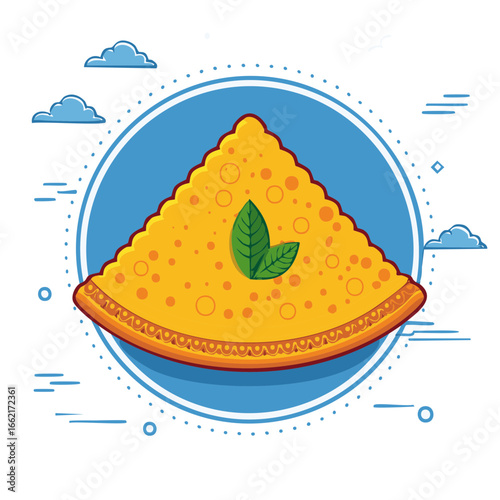 Decorative pancake flat icon with filling, mint leaves, and clouds surrounding the blue circular background.