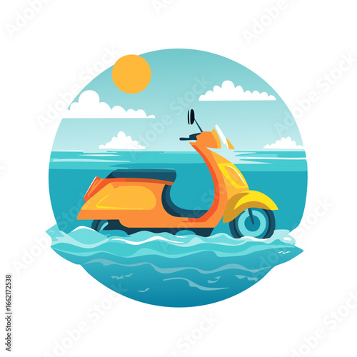 Retro Motor Scooter Driving Through Ocean Waves Under Sunny Skies Summer Holiday Trip Travel Creative Vector Illustration