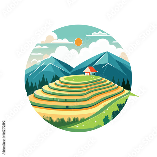 Terraced Rice Fields with House and Mountain Peaks Illustration in Colorful Circle