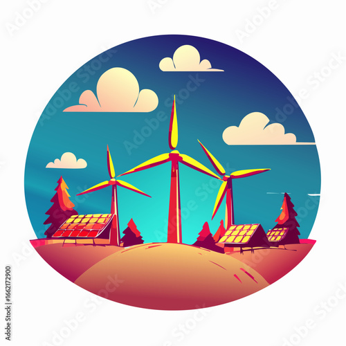 Vibrant illustration of a sustainable future with wind turbines and solar panels powering a clean, green energy landscape
