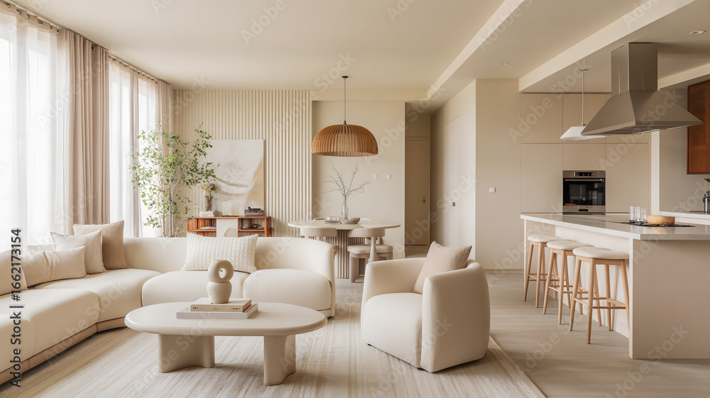 Fototapeta premium Modern neutral living room and kitchen with comfortable sectional sofa and island