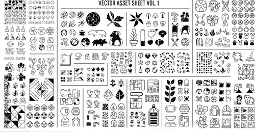 Vector asset sheet vol one featuring various black and white line art illustrations and design elements