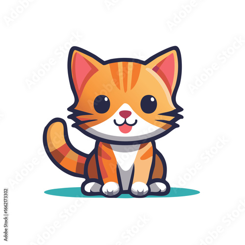 Cute orange tabby kitten sitting happily with a smile and protruding tongue