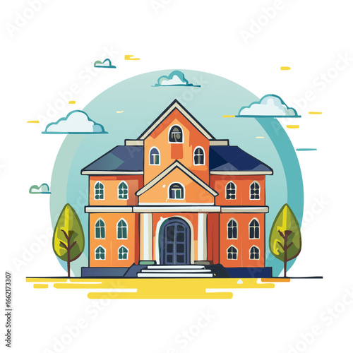 Stylized orange and blue multistory house with architectural details and trees in a graphic vector illustration