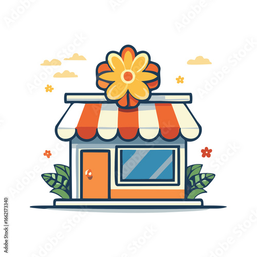 Cartoon Storefront with Flower Illustration Retail Business Design