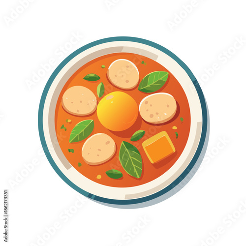 Bowl of Tomato Soup with Dumplings, Basil Leaves, and Cube of Cheese Cartoon