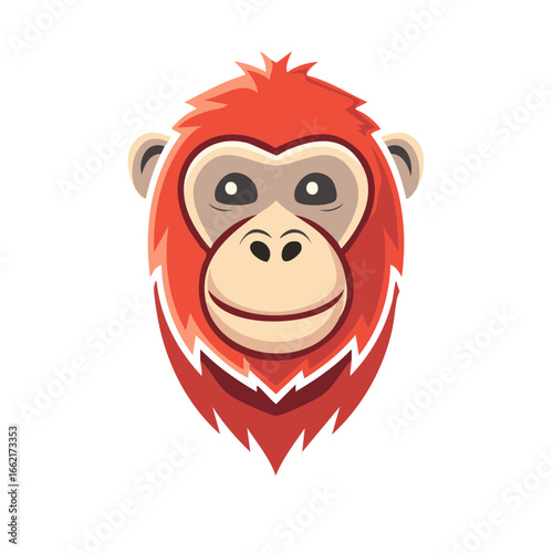 Adorable orangutan head portrait illustration with red hair, cartoon vector art, tropical primate face emblem, creative jungle wildlife icon design