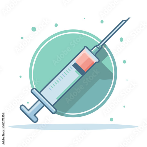 Illustration of syringe with medication, on a green circle background