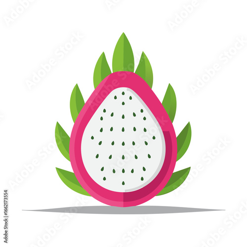 Cross Section of Exotic Dragon Fruit Displayed with Green Leaves, Tropical Food and Diet Theme, Vibrant Pink and White Flesh