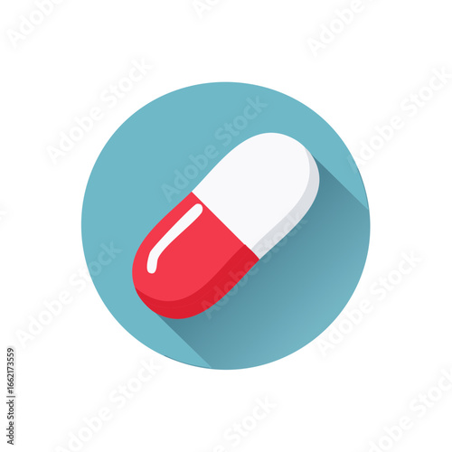 Flat Design Capsule Pill Illustration on Blue Circle Promoting Healthcare Wellness
