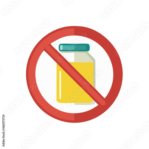 Jar of yellow liquid with a red prohibition sign for restrictions and warnings