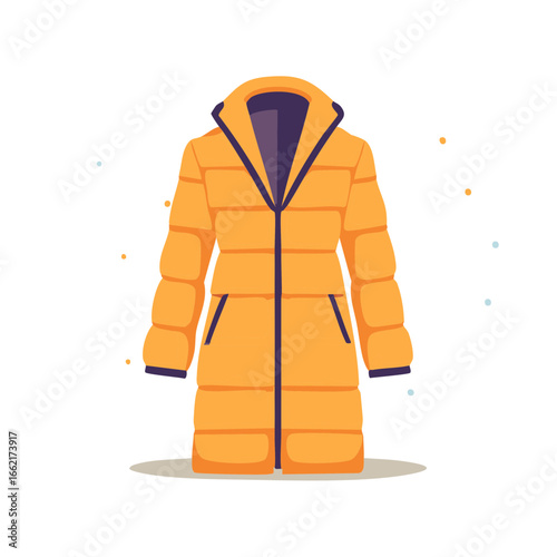 Stylish orange puffer jacket with blue trim, cozy winter coat for warmth, vector illustration