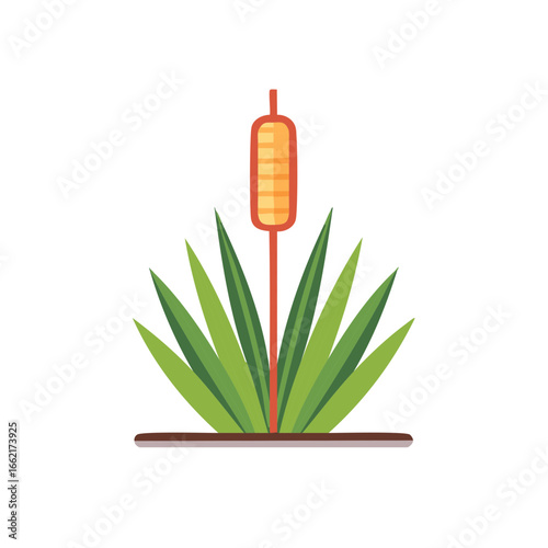 Simple Illustration of Green Cattail Plant with Orange Head on Brown Soil Patch