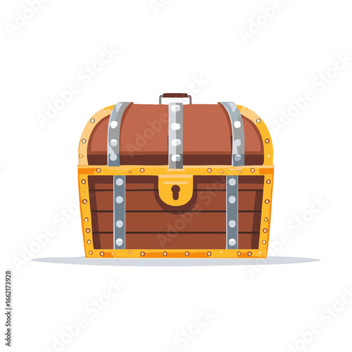 Illustration of Brown Wooden Treasure Chest with Lock and Metal Details. Pirate, Wealth, Storage, Rewards, and Adventure Concepts.