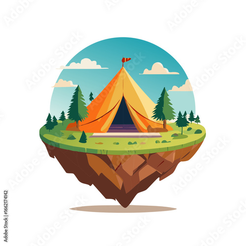 Floating Island Camping Adventure with Tent and Trees Under a Bright Sky