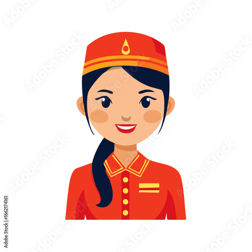 Illustration of a Smiling Concierge Woman Wearing a Red Hotel Uniform