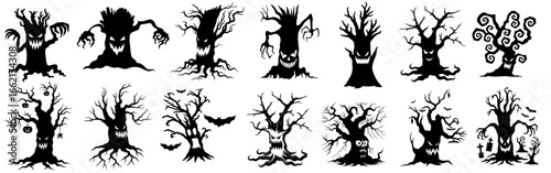 Black silhouette of a haunted tree with twisted branches like arms, creepy sinister face with glowing eyes and sharp teeth, symbol of Halloween fear