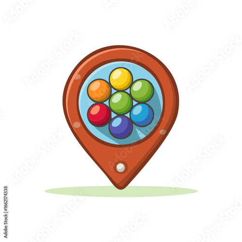 Illustrated location pin filled with colorful spheres, cartoon style icon marker