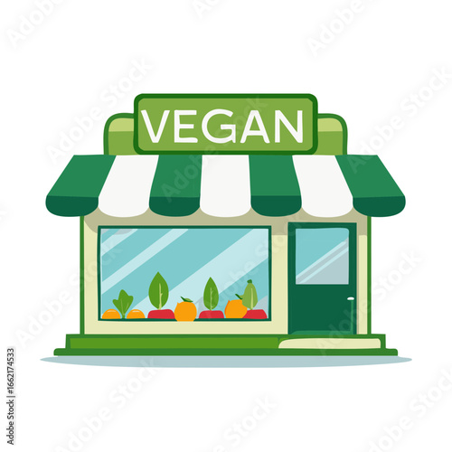 Illustration of a Vegan Storefront with Vegetables in the Window Display, Striped Awning and Clean Design