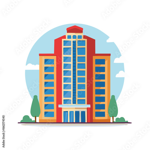 Urban modern high rise building apartment block in colorful cartoon style