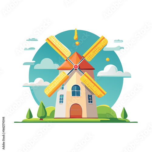 Quaint cartoon windmill on grassy hill with blue sky and clouds