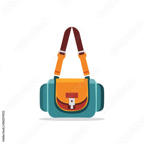 Stylish Satchel: Teal Blue Shoulder Bag with Orange Flap, Brown Straps and Adjustable Buckles