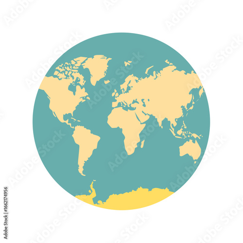 World map showing continents and oceans in a stylized vector drawing