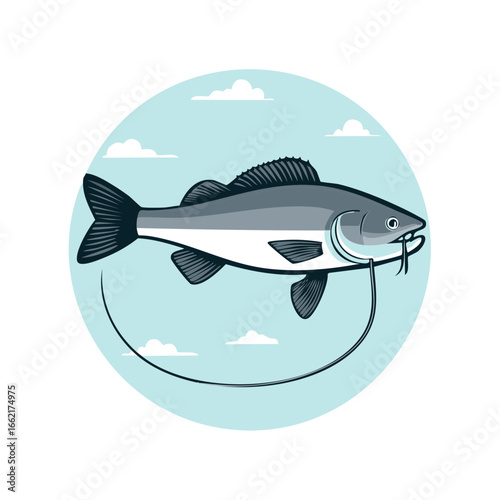 Illustration of Fish with Circling Line on Light Blue Sky Backdrop