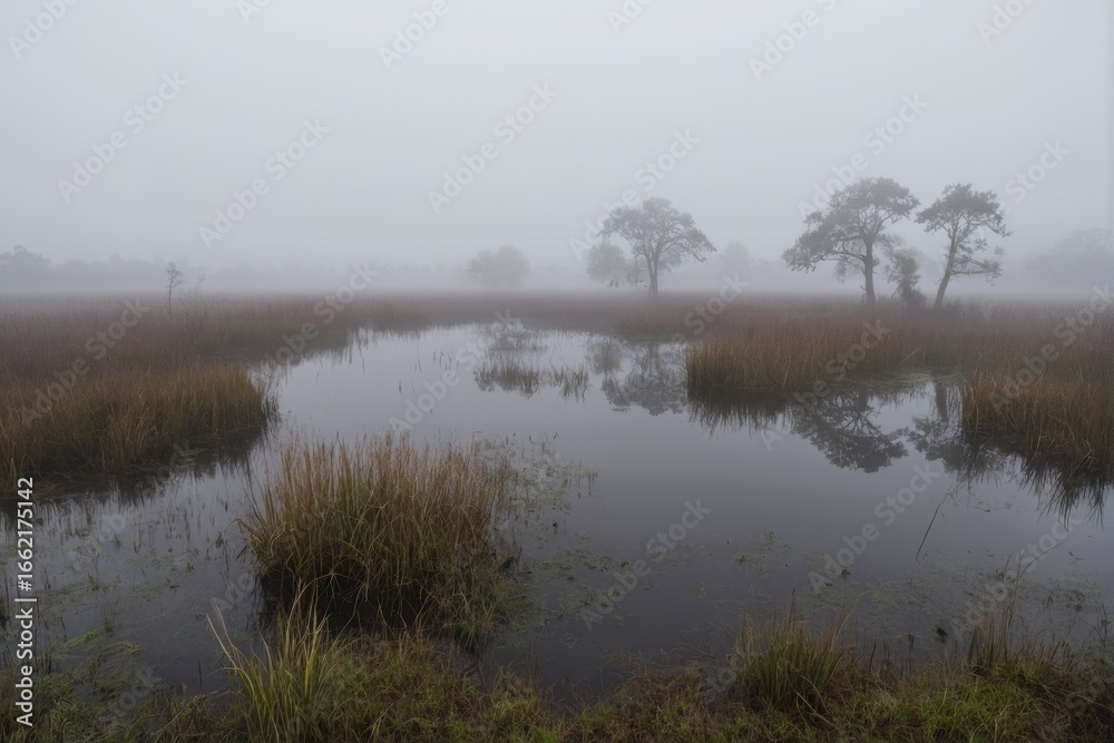Fototapeta premium Nebelverhangenes Sumpfgebiet mit reflektierenden Bäumen