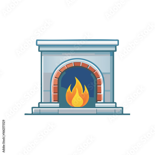 Glowing Fireplace with Bricks and Flames Home Interior Design Illustration
