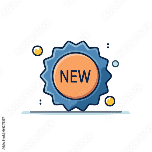 Illustration of a new product launch seal with jagged edge and orange center with the word new