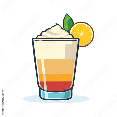 Cocktail layered drink with cream and orange garnish vibrant colors