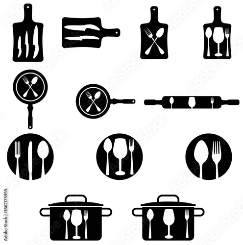 Creative Kitchen Utensil Set – Cutting Boards, Pans, Pots, Rolling Pin, Plates and Cutlery Silhouettes for Restaurant Branding, Food Business Logos and Culinary Design