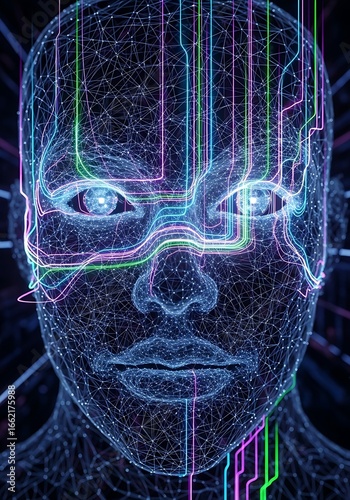 Futuristic AI face, digital network