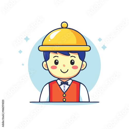 Charming Waiter Cartoon Character with Golden Cloche Serving Delicious Meals in a Restaurant