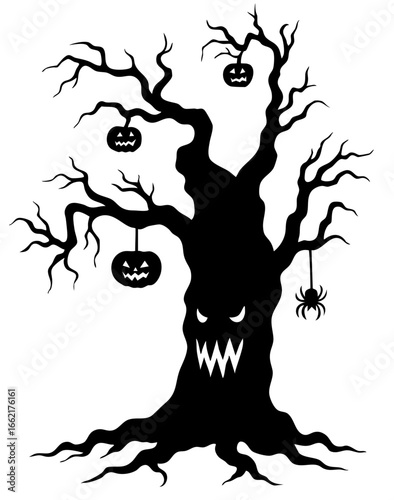 Haunted Halloween tree with twisted sinister branches, hanging evil pumpkin faces like jack o lantern trophies, terrifying dark spider weaving cursed web, grotesque trunk with monstrous grin and sharp