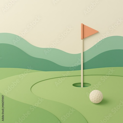 Abstract Golf Course Landscape with Flag and Golf Ball in Pastels