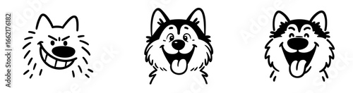 Cartoon Dog Faces — Samoyed, Husky, Alaskan Malamute with Fluffy Fur, Pointy Ears, Big Smiles and Tongue Out Expressions