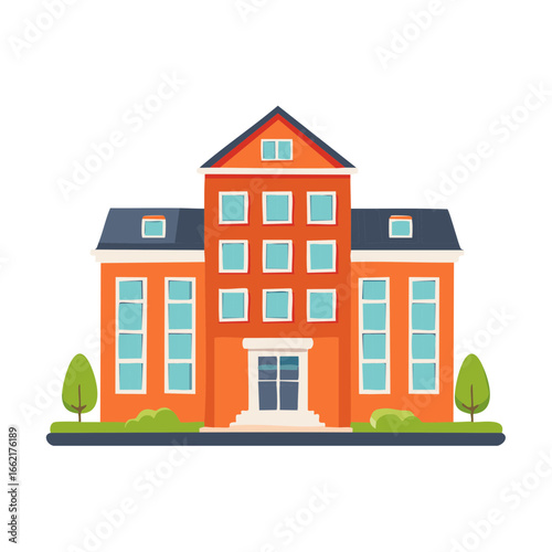 Apartment building or institution flat vector cartoon illustration. Houses with multiple windows, doors and green shrubbery
