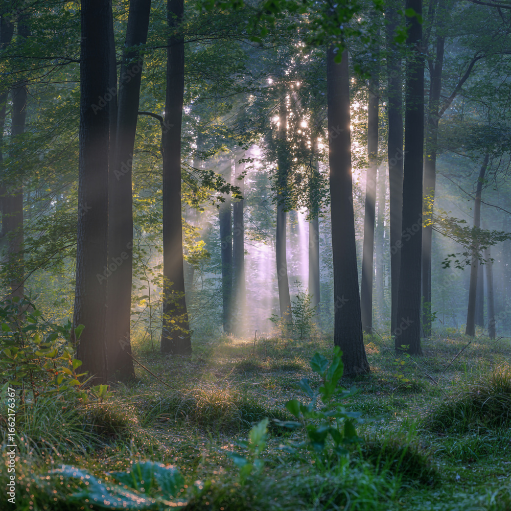 Fototapeta premium Sunbeams pierce misty forest canopy creating magical light beams on lush green undergrowth