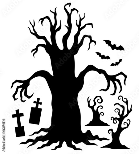 Haunted graveyard tree with skeletal branches, flying bats and cursed cemetery shadows