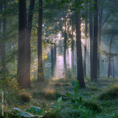 Wallpaper Mural Sunbeams pierce misty forest canopy creating magical light beams on lush green undergrowth Torontodigital.ca