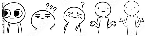 Set of cartoon stickman characters with different facial expressions, confused, shy, surprised and shrugging emotive figures, meme