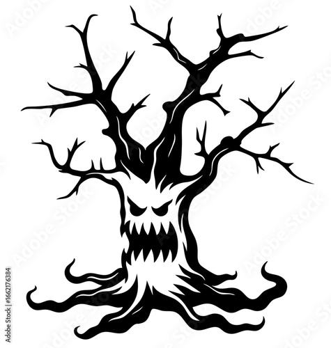 tree with twisted branches reaching to the sky, monstrous roots writhing like hungry tentacles of the abyss, terrifying face with jagged torn teeth and burning eyes