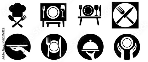 Restaurant and culinary icons set, chef hat, fork and knife symbols, dining table silhouettes and catering service emblems for food, hospitality, gourmet branding and menu design