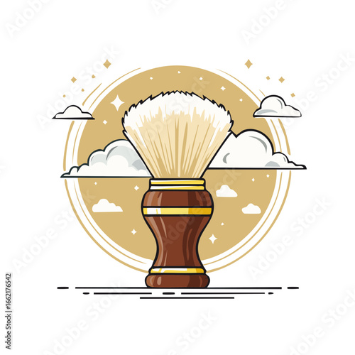 Traditional Shaving Brush Illustration with Clouds and Stars on Gold Circle
