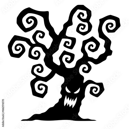 twisted tree with spiral serpent branches swirling like vortex of nightmares, grotesque evil face with jagged sharp teeth, burning eyes of ancient monster, cursed spirit distorting space and feeding o