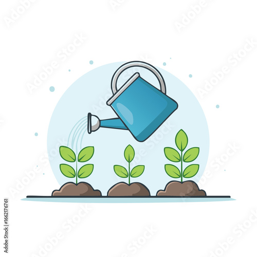 Watering can irrigating seedlings growing in soil, promoting plant growth and nurture illustration