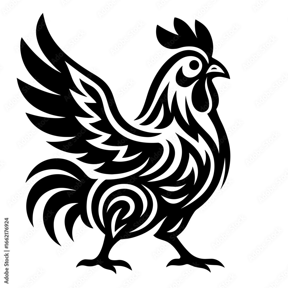 Obraz premium A stylized and elegant rooster illustration, designed with intricate patterns and flowing lines. Evokes a sense of strength and grace, capturing the essence of the bird's majestic profile.