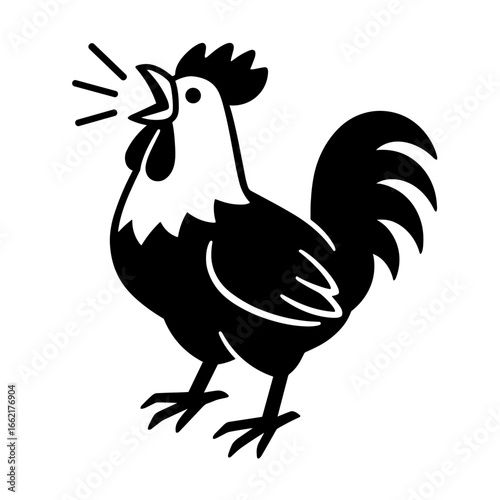 A sleek, black and white illustration of a rooster in full voice, the embodiment of rural life. vector illustration